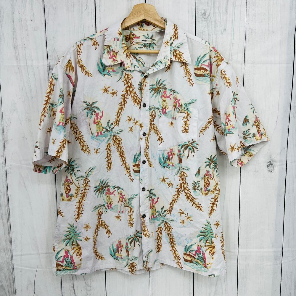 Moda Campia Moda XL VINTAGE Y2K White Palm Aloha Hawaiian Dad Shirt Button Up
